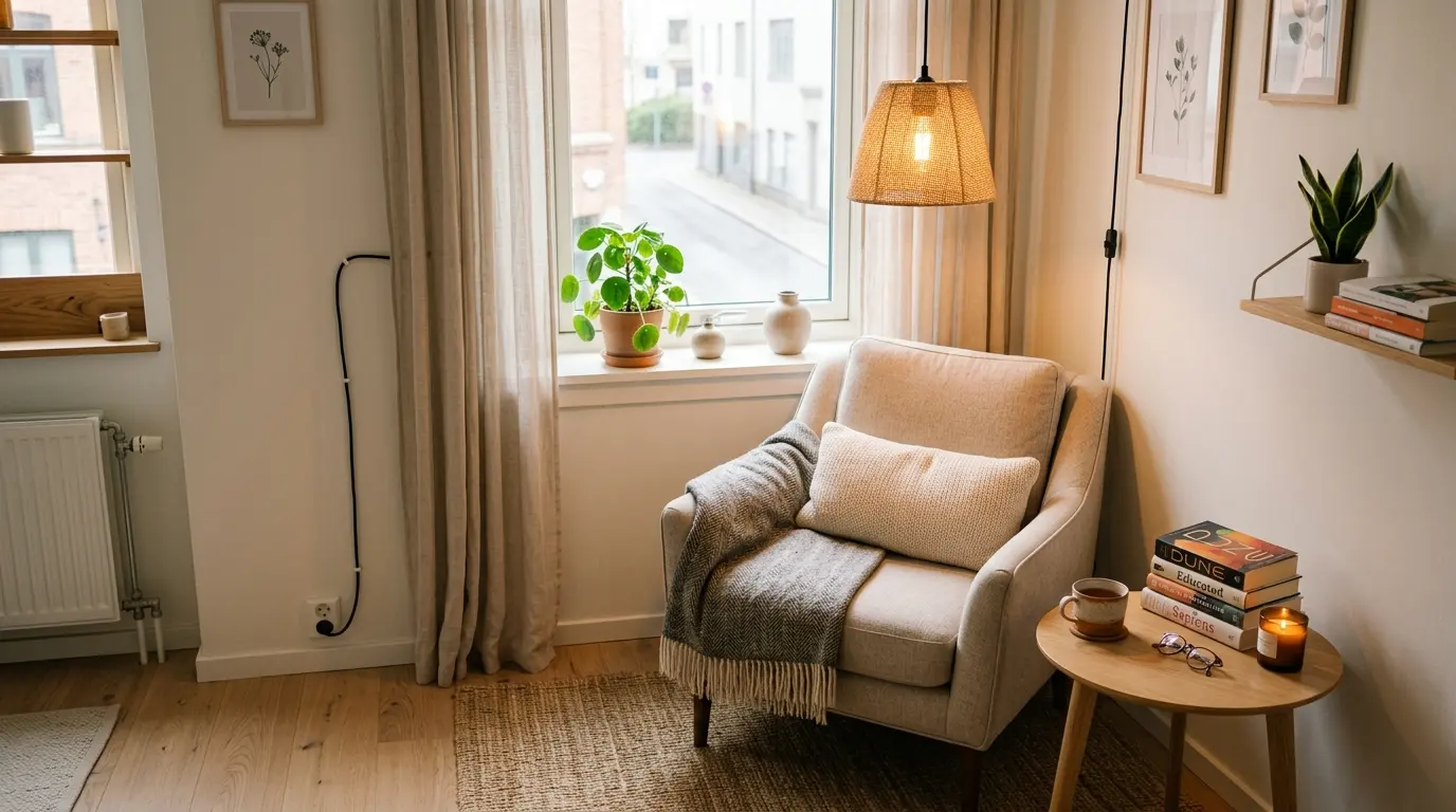 Cord management setup for plug-in lighting in apartments