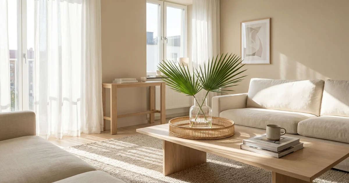 Summer apartment décor with airy neutral tones, woven rattan tray, glass vase with tropical leaves, and bright natural light through sheer curtains