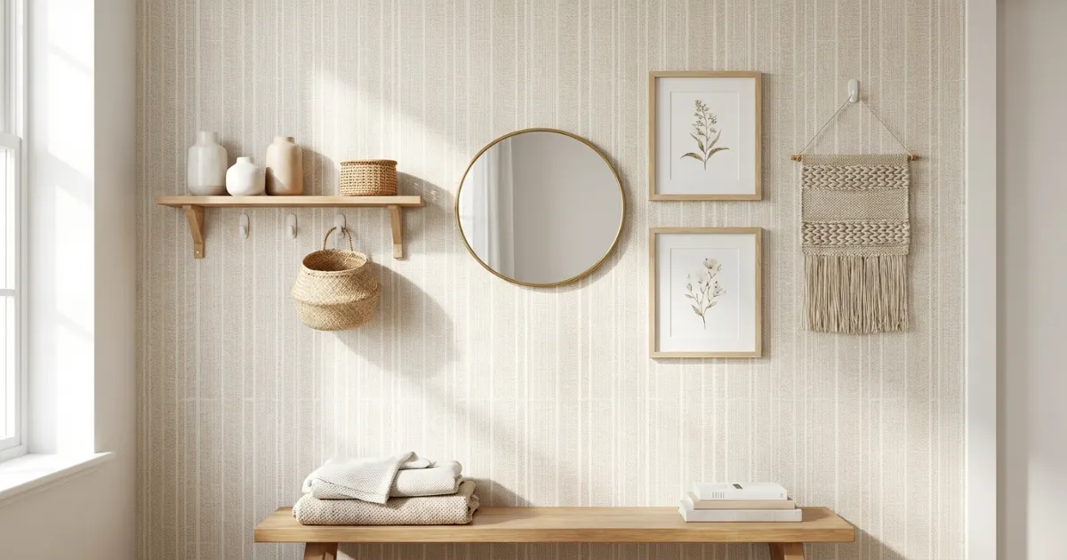 Bright modern apartment with clean peel-and-stick wallpaper and removable decor on a white wall