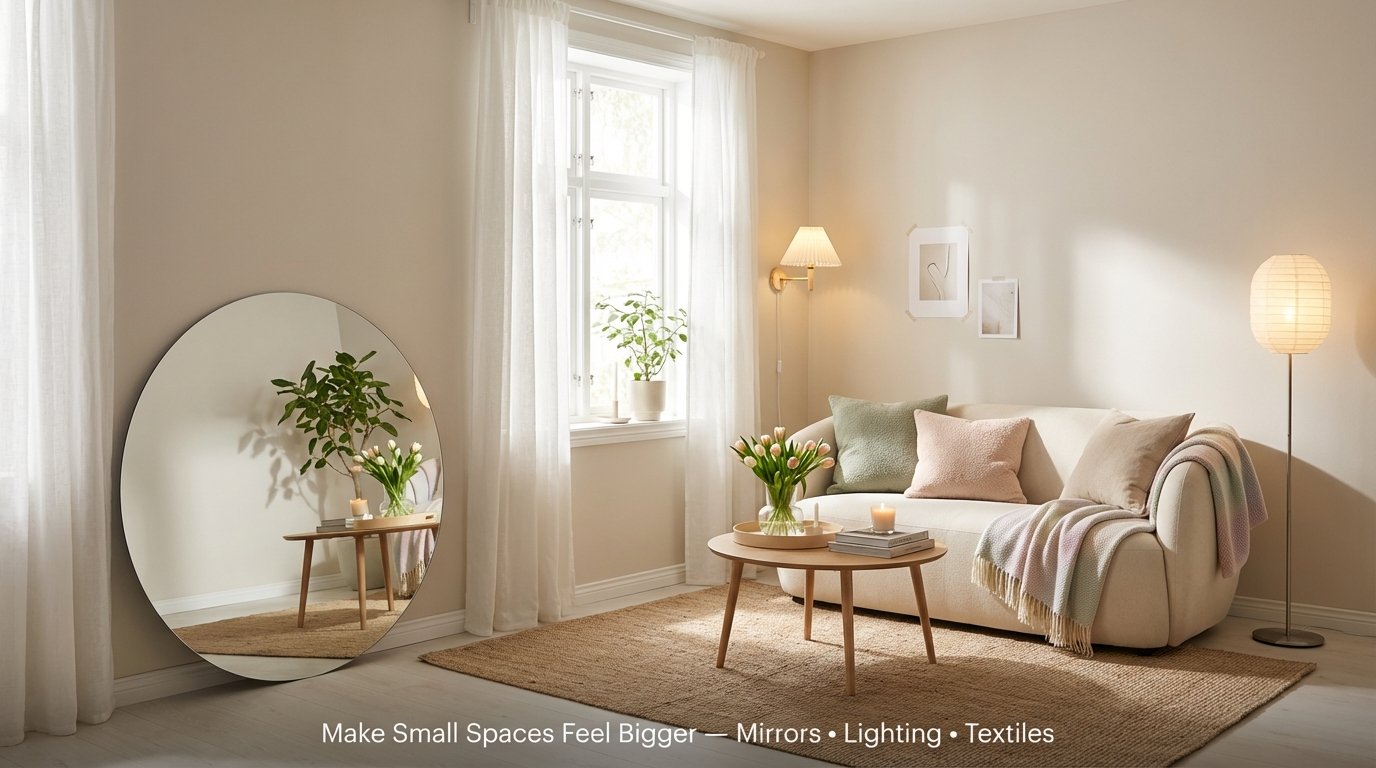 Bright small rented apartment styled for spring with floor mirror, layered lamps, and light linen textiles