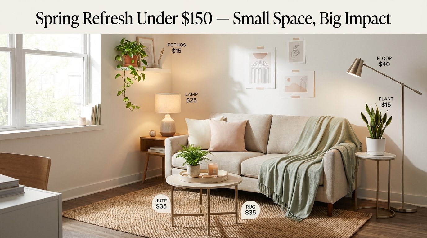 Budget-friendly spring apartment refresh with plants, cushions, removable wall art, and warm lamp styling under $150