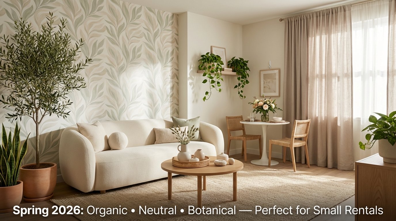 Small rented apartment with spring 2026 decor trends including curved furniture, botanical prints, and warm neutral palette