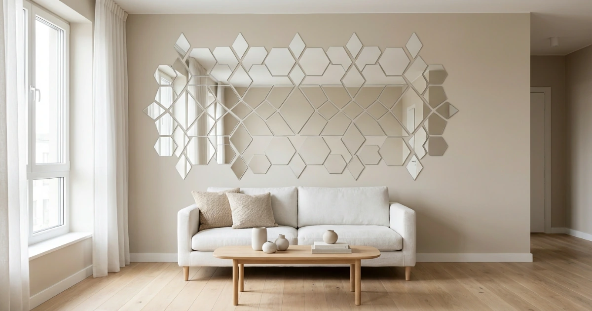 peel and stick mirror tiles creating stylish wall decor in rental apartment