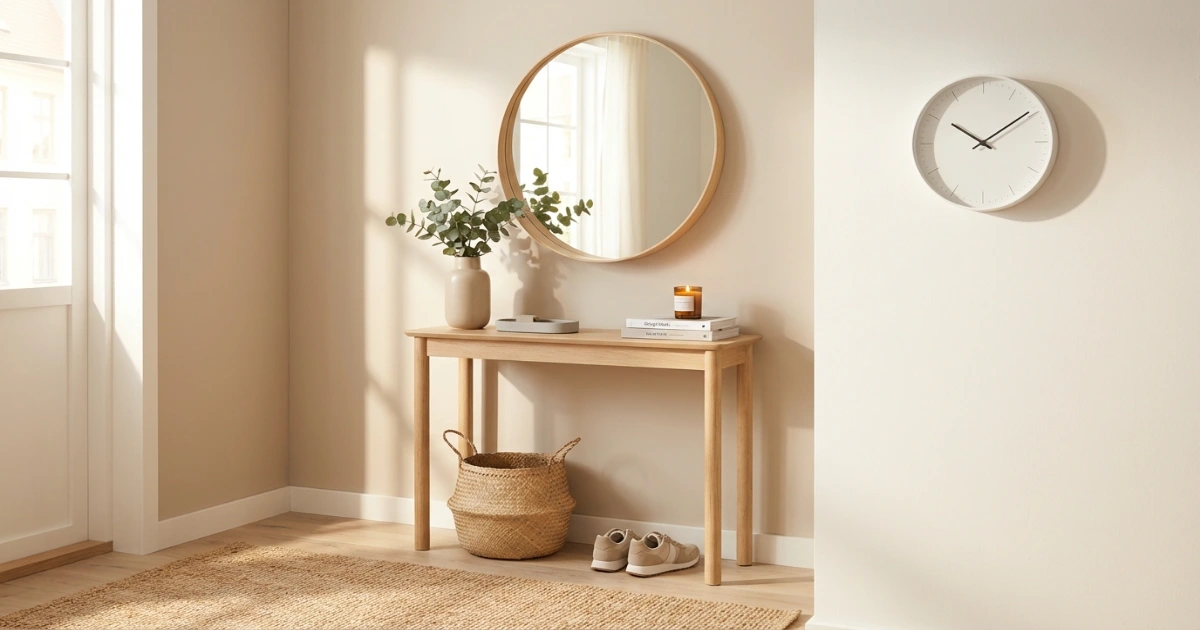 entryway mirror and wall clock combination for small apartment entry without drilling