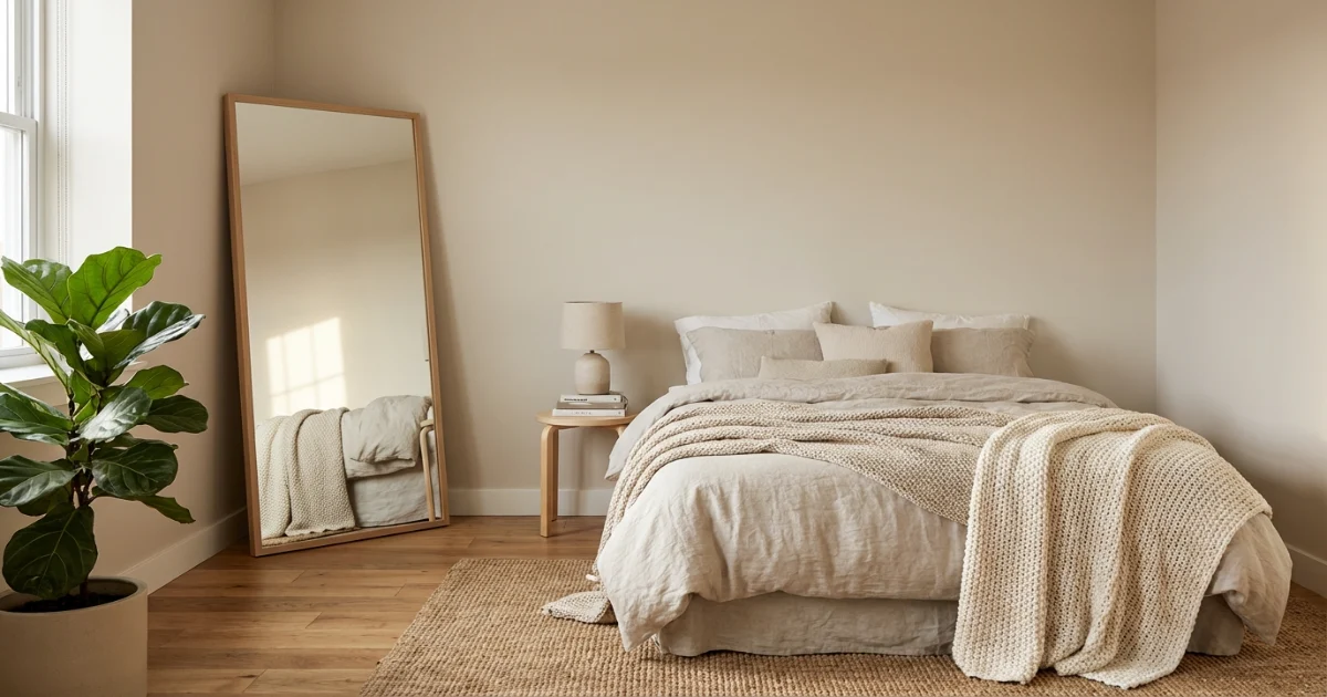 full length leaning mirror in small apartment bedroom corner renter friendly decor