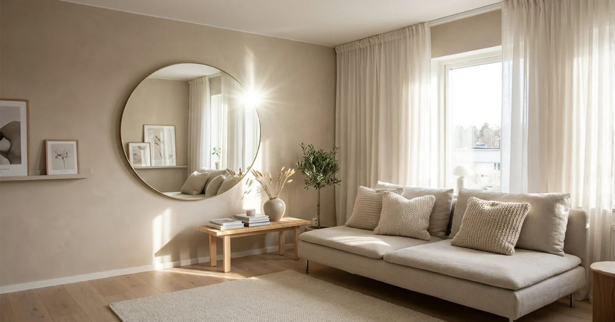 decorative round mirror reflecting natural light in small apartment living room