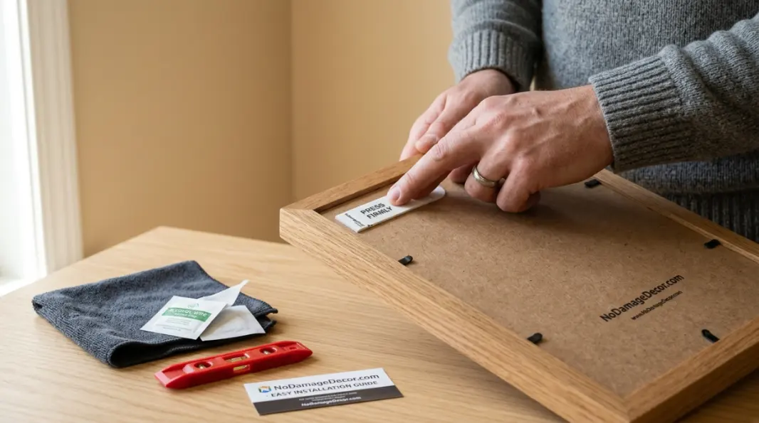 Flat lay of heavy-duty adhesive picture hanging strips, hooks, and mounting tape for damage-free wall art