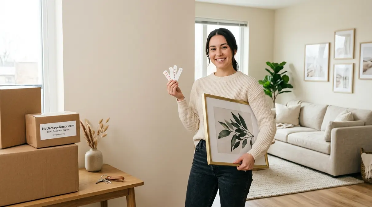 Clean damage-free apartment wall after removing no-nail adhesive art hangers at move-out