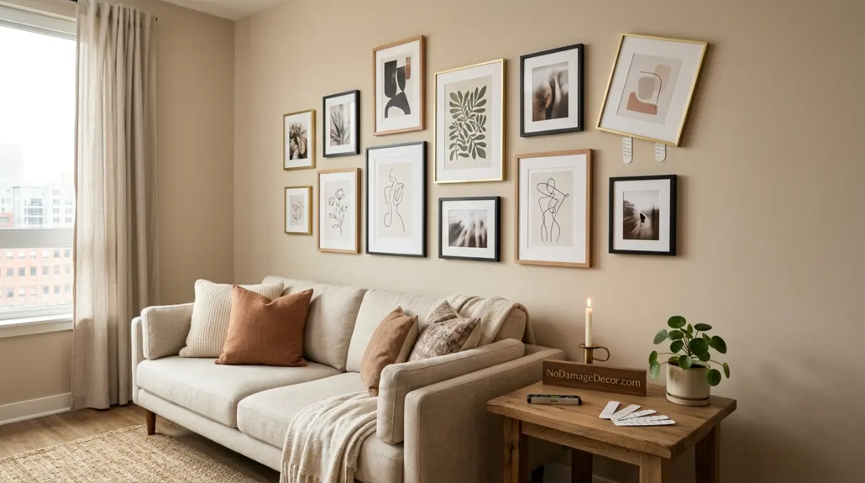 Hands pressing heavy-duty picture hanging strips onto the back of a wooden frame before wall mounting