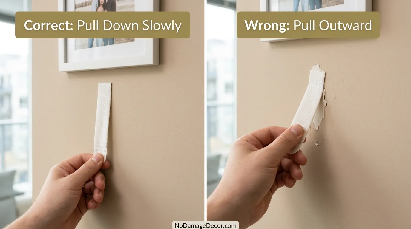 Correct versus incorrect adhesive strip removal technique showing how to remove Command strips without damaging paint