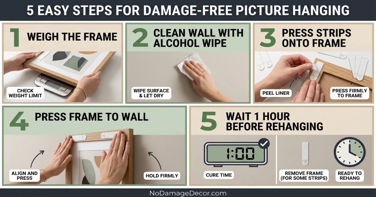 Demonstrating correct command strip removal technique - pulling tab straight down at 180 degrees along the wall