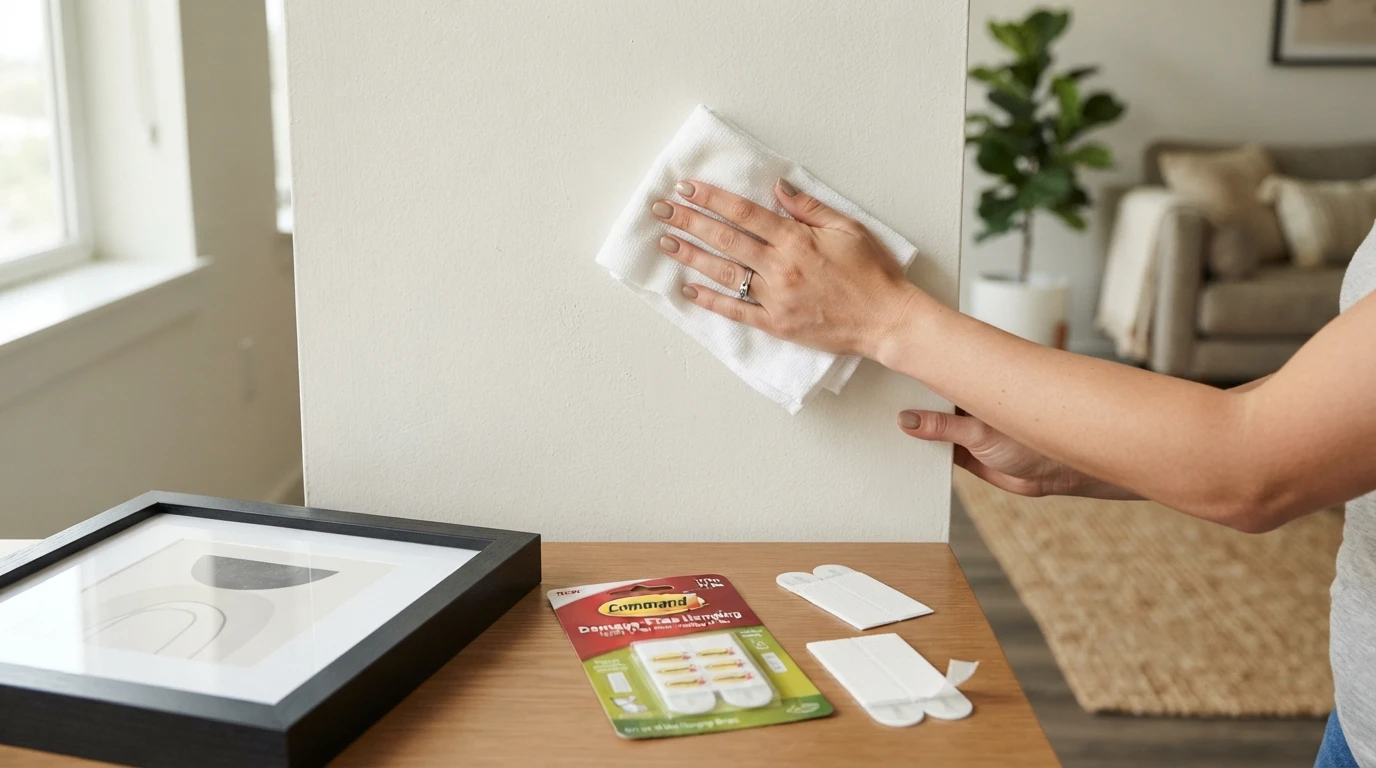 Step-by-step Command strip application on a rental wall showing cleaning, pressing, and waiting