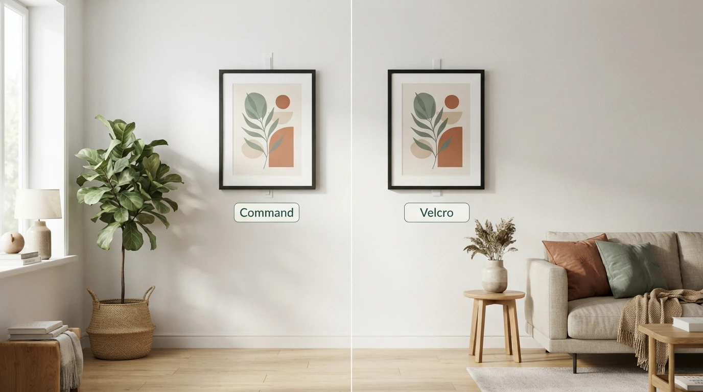 Renter-friendly wall hanging comparison showing Command strips and Velcro strips on a light apartment wall with picture frames