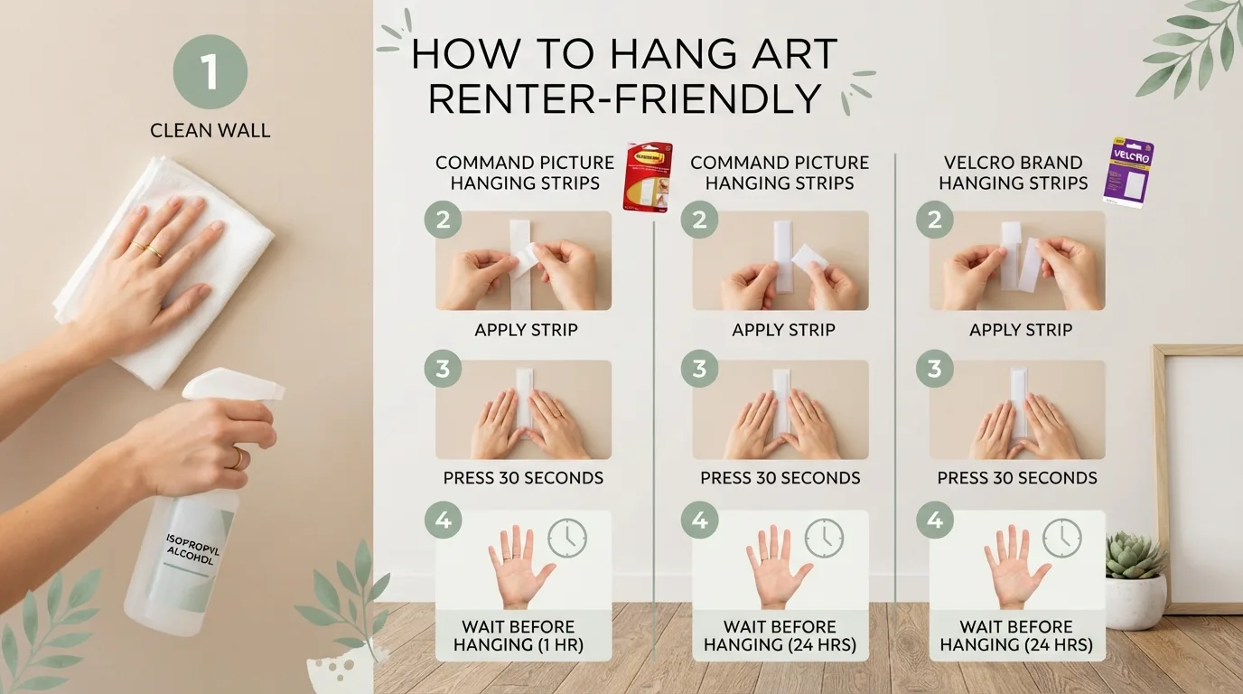 Renter carefully applying a Command strip to a clean apartment wall with proper technique and pressure