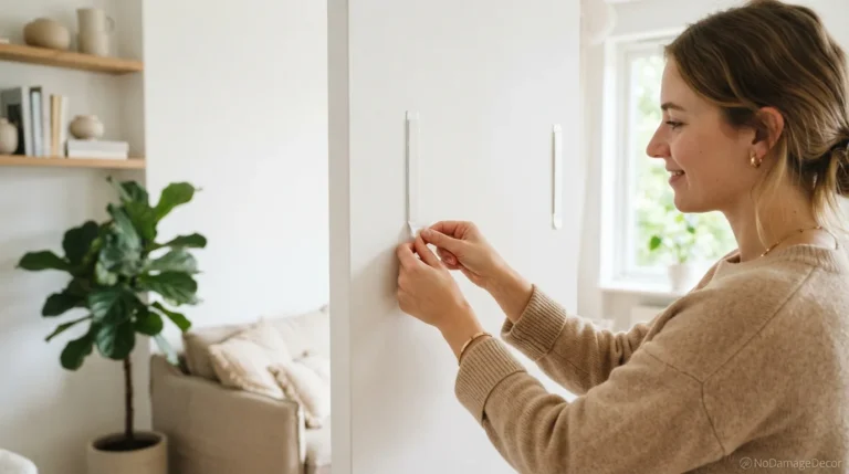 Renter safely removing a Command strip from a painted wall using the correct pull-down method.