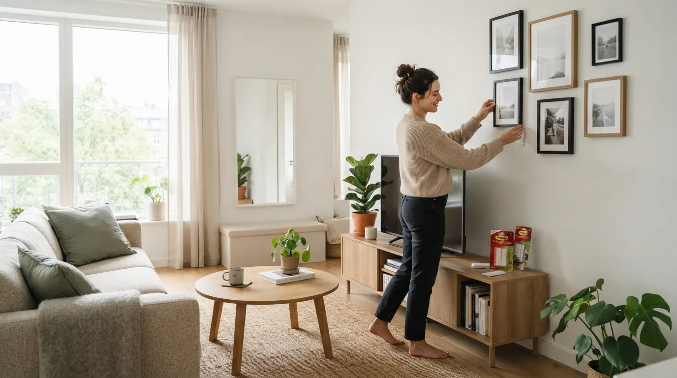 Renter-friendly apartment wall with lightweight picture frames mounted using Command strips, showing clean adhesive application