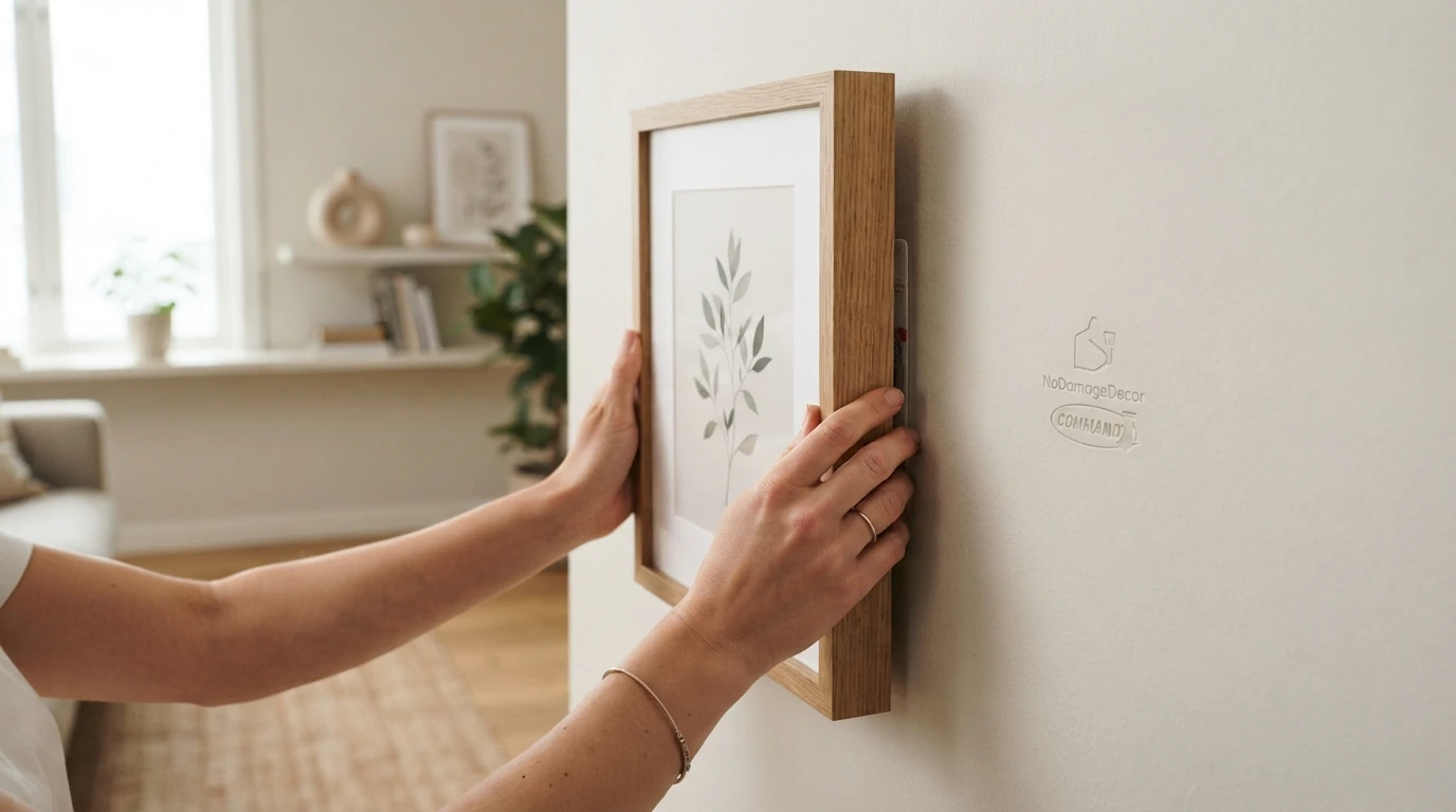 Renter carefully removing a Command strip by stretching the tab downward to avoid paint damage