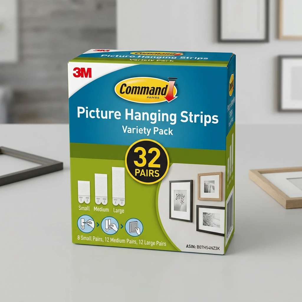 3M Command Picture Hanging Strips Variety Pack packaging with assorted small medium and large white strips
