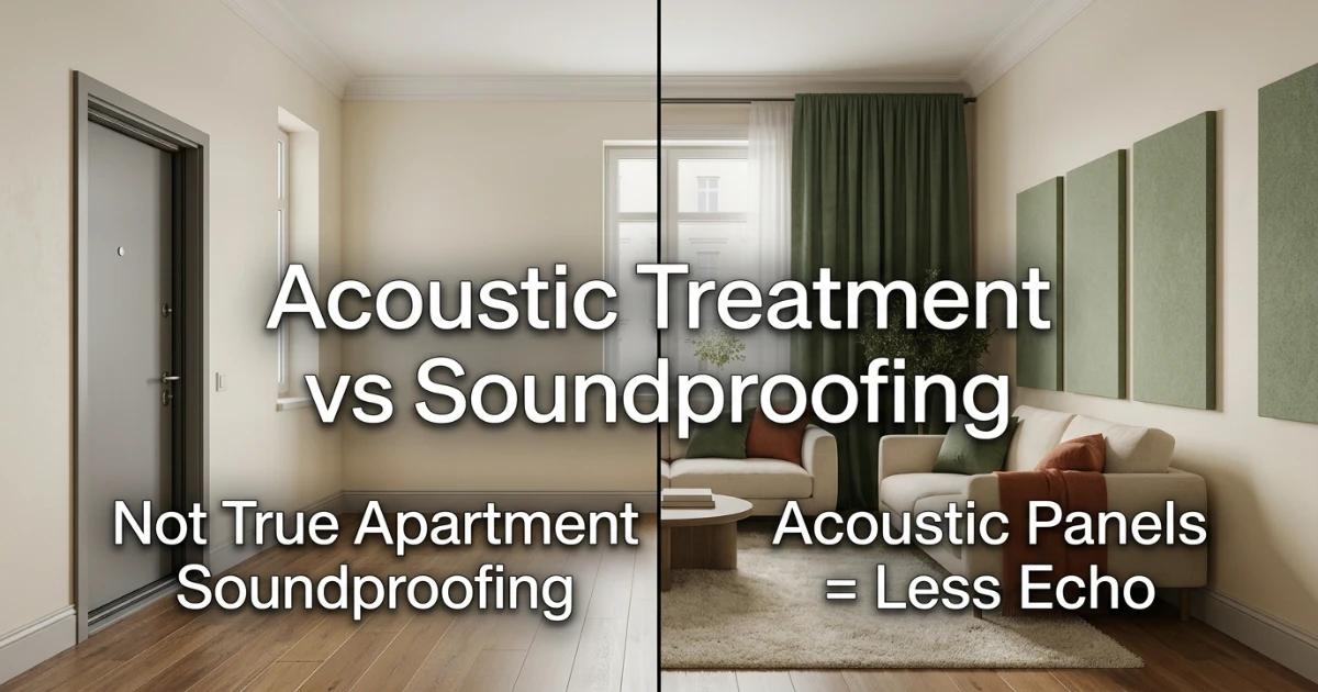 Analytical comparison showing acoustic treatment reduces echo but does not soundproof a rental apartment