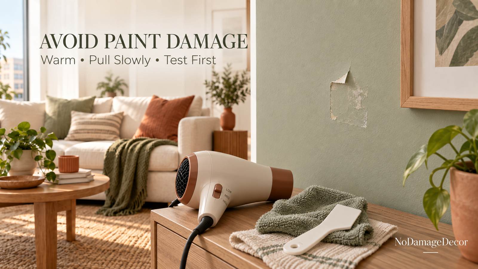 Rental wall showing paint peel and adhesive residue from improper removal of wall decor