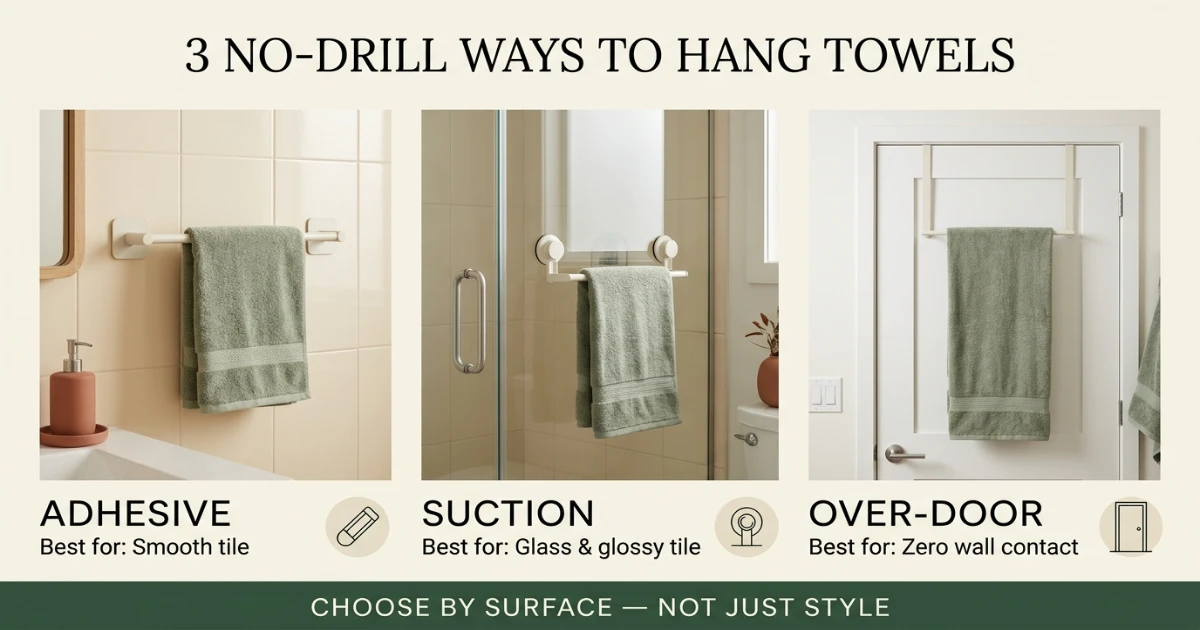 Renter bathroom showing adhesive, suction and over-door towel storage options without drilling