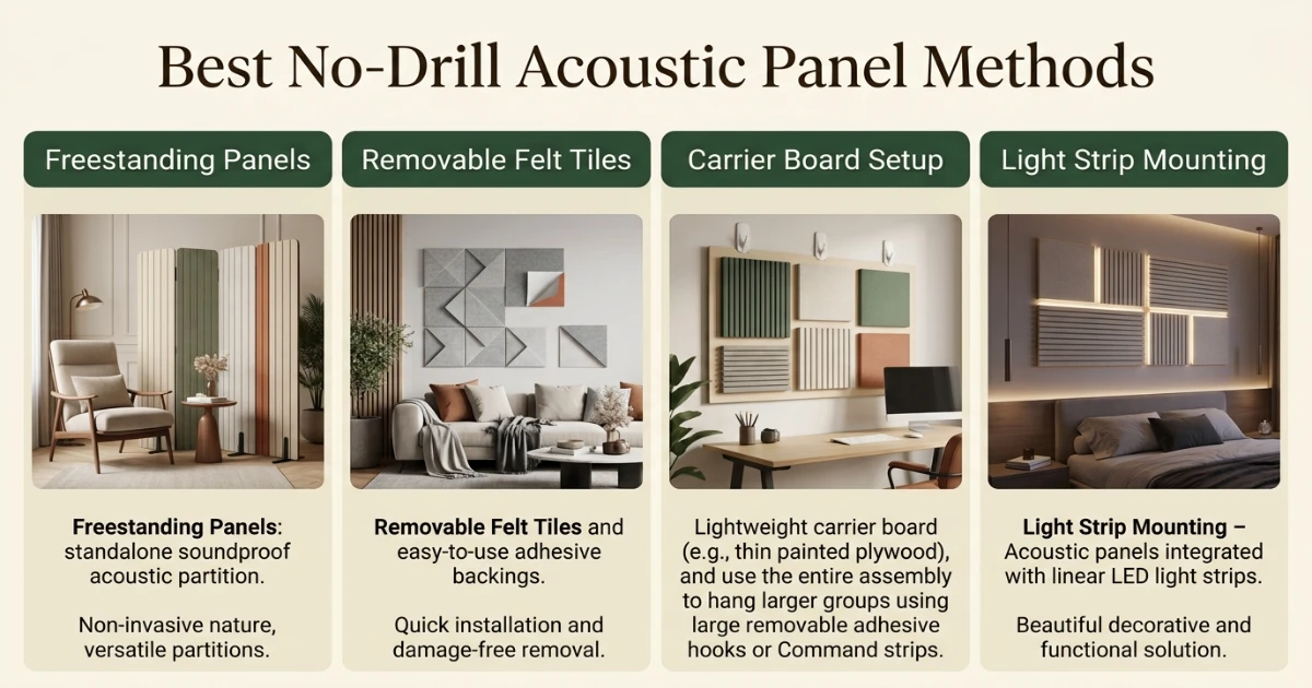 Comparison of freestanding panels, removable felt tiles, carrier boards and lightweight strip mounting for renters