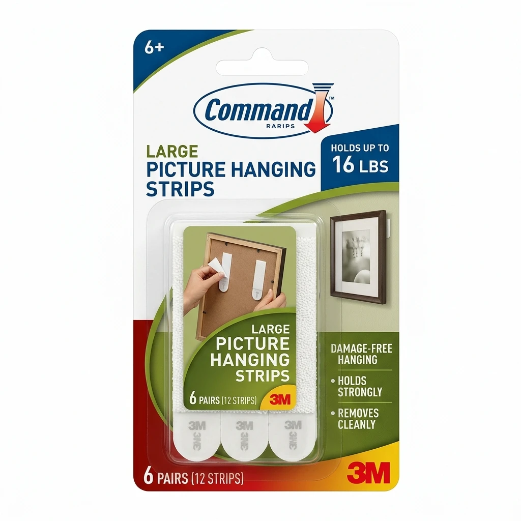 Command Large Picture Hanging Strips white package with 6 pairs of adhesive strips for damage-free wall mounting