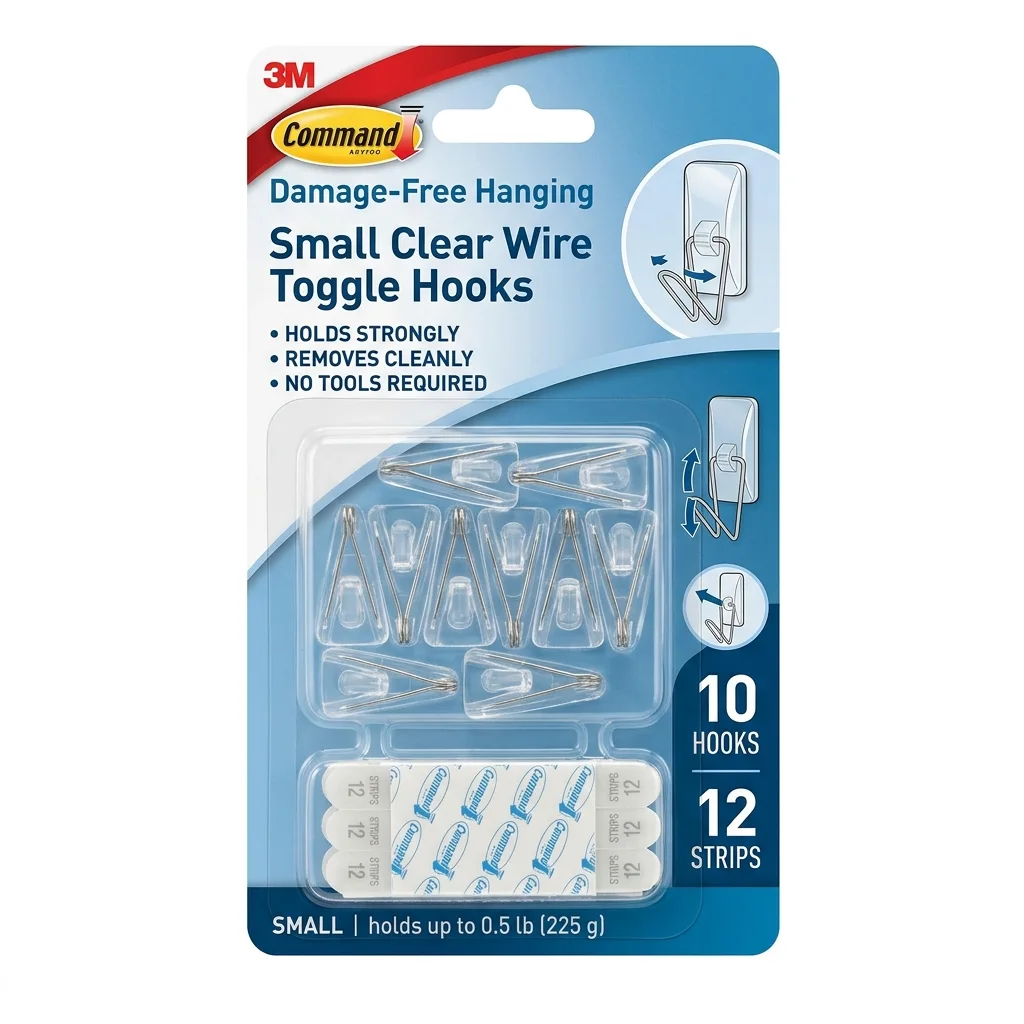 Command Small Clear Wire Toggle Hooks with adhesive strips for damage-free hanging of lightweight items in rentals