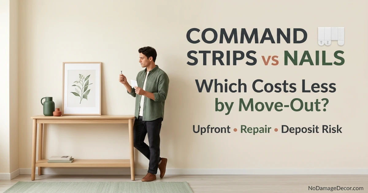 Renter comparing Command strips and a small nail on a painted apartment wall with framed art leaning nearby