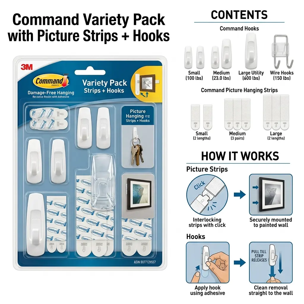 Command General Purpose Variety Pack with picture hanging strips wire hooks and utility hooks