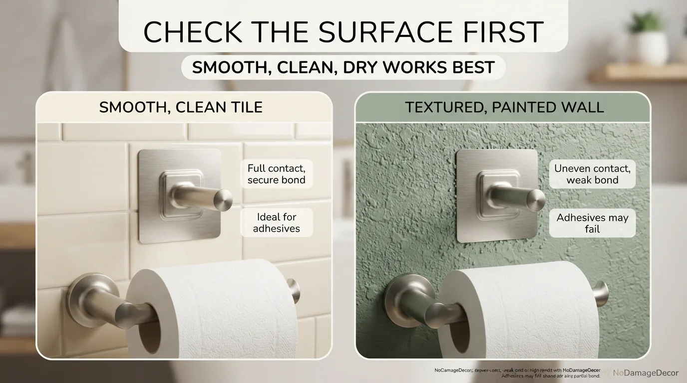 Smooth bathroom tile compared with textured painted wall for adhesive toilet paper holder mounting