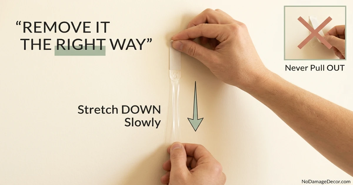 Hand slowly stretching a removable adhesive tab straight down against a smooth painted rental wall