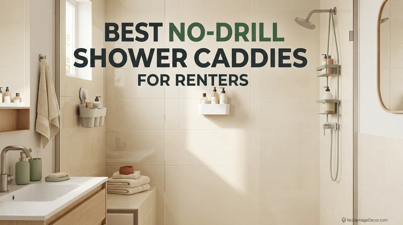 No-drill shower caddy options arranged in a warm renter-friendly apartment bathroom
