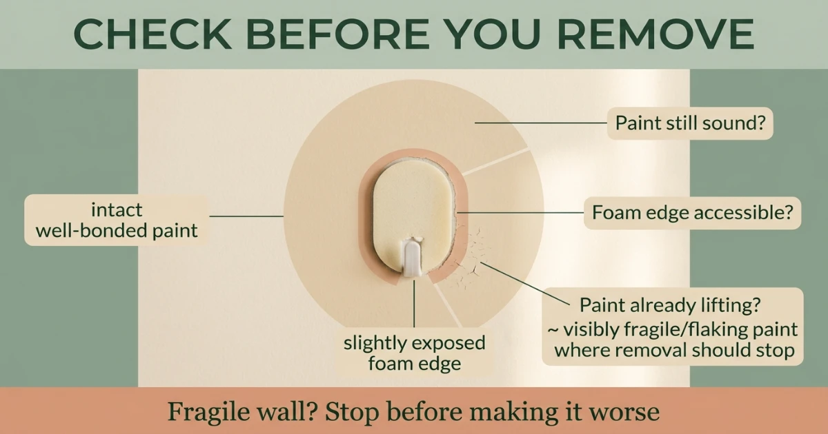 Angled view showing a broken Command strip pull tab with the adhesive pad still intact against painted drywall