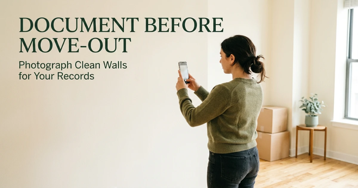 Renter photographing a clean painted wall with a smartphone before moving out to document condition for a security deposit.