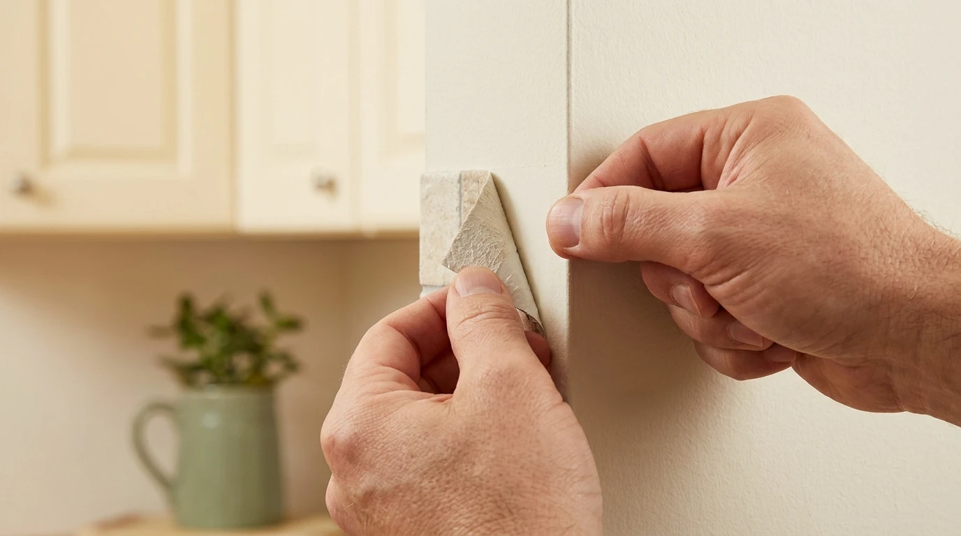 Small peel-and-stick backsplash test piece being slowly removed from a rental kitchen wall