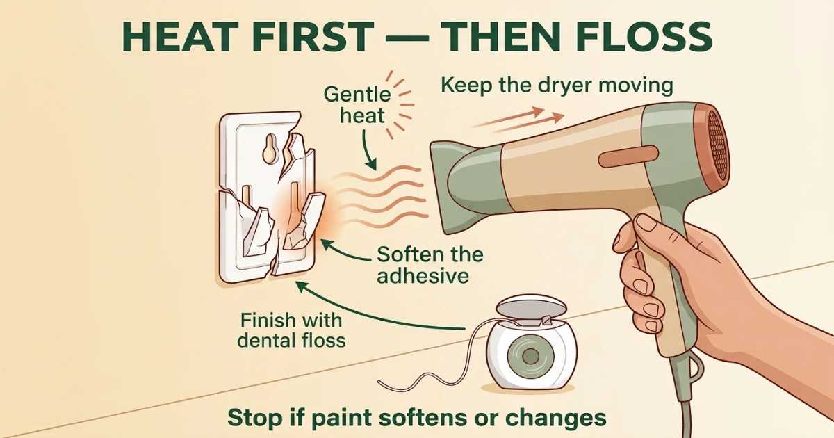 Hair dryer on low heat directed at a Command strip adhesive pad on a painted apartment wall