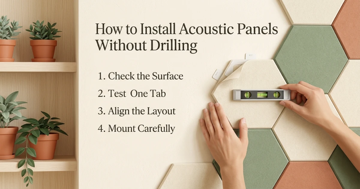 Four-step no-drill acoustic panel installation guide for a compatible rental wall