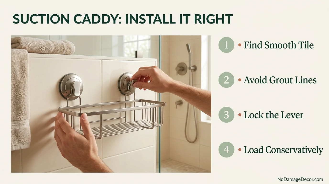 Lever suction shower caddy being installed on smooth glazed tile in a rental bathroom