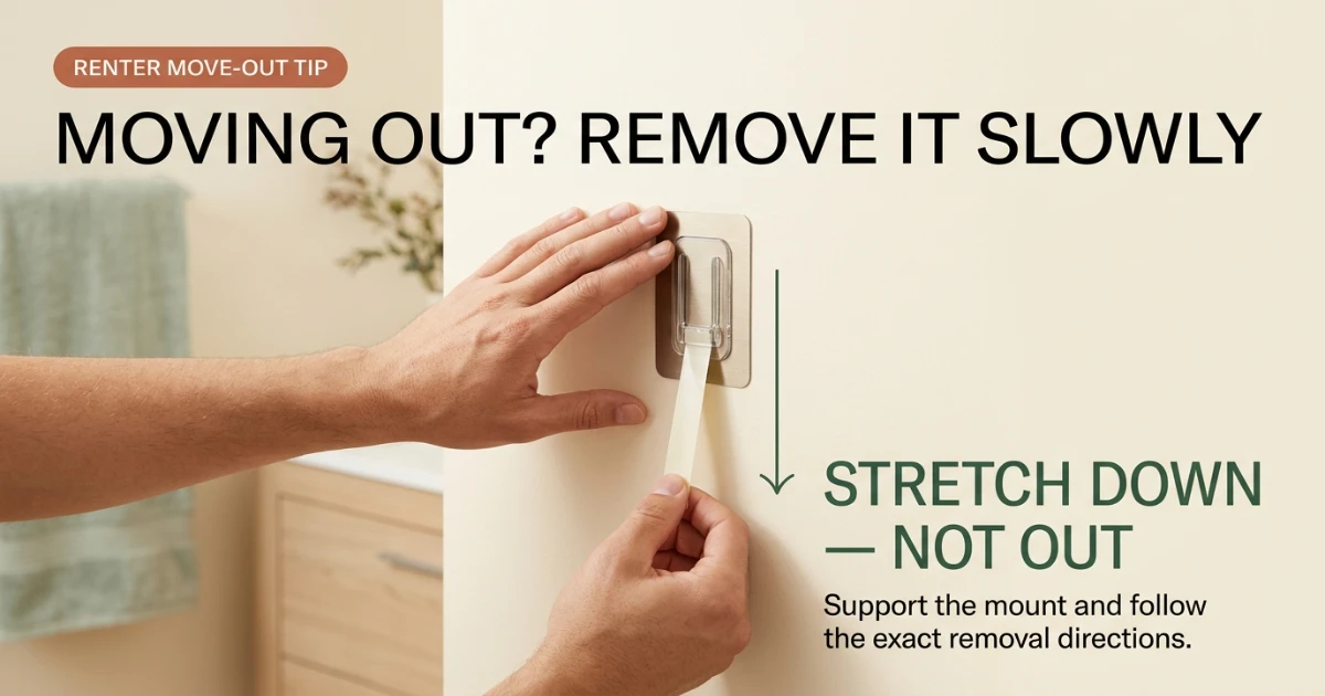 Slow straight-down adhesive strip removal from a smooth rental bathroom wall at move-out