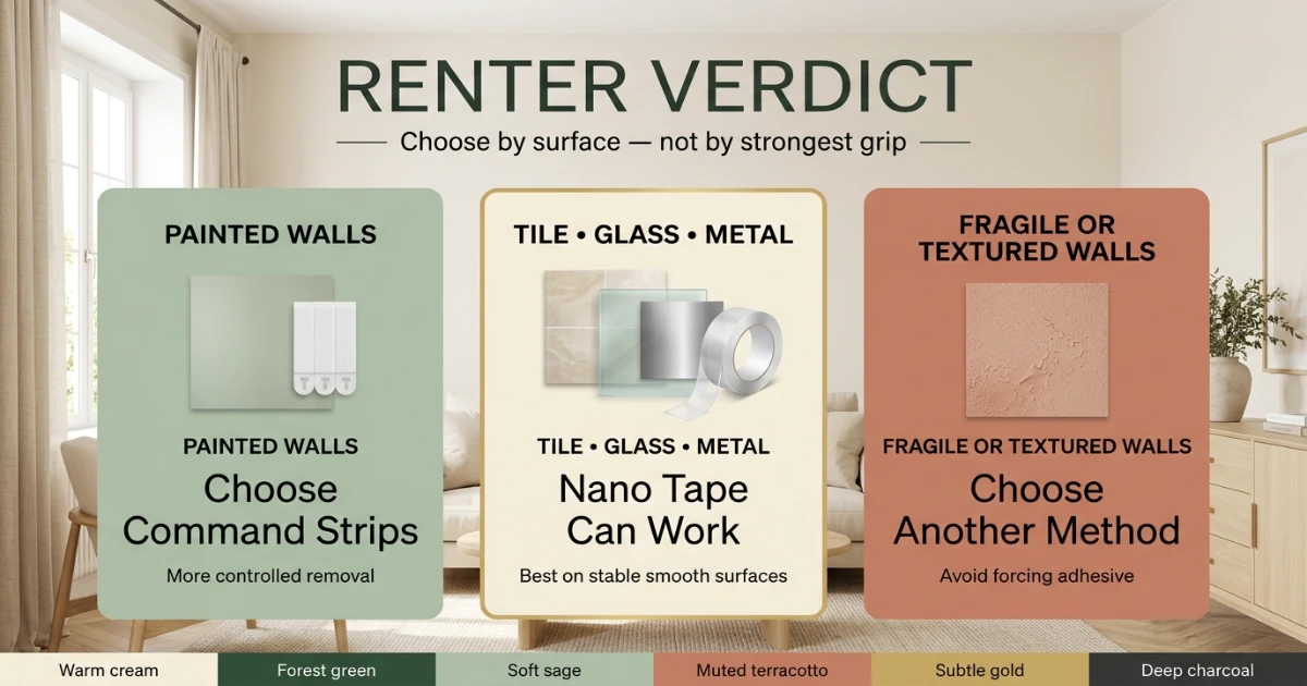 Renter slowly stretching a removable adhesive strip down a painted wall during move-out