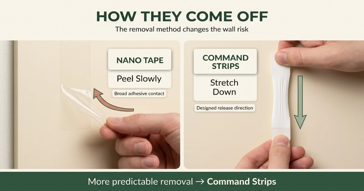 Comparison of nano tape peel removal and stretch-release strip removal on rental wall surfaces