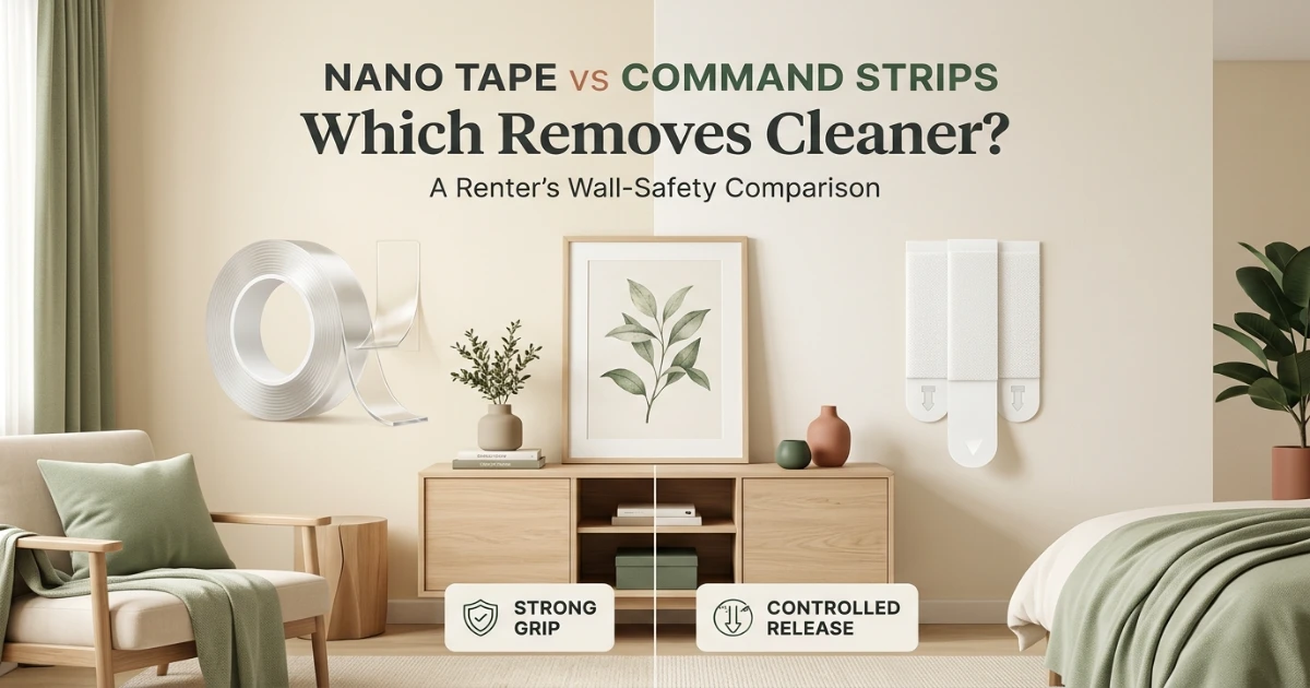 Nano tape and removable picture hanging strips compared beside a smooth painted rental wall
