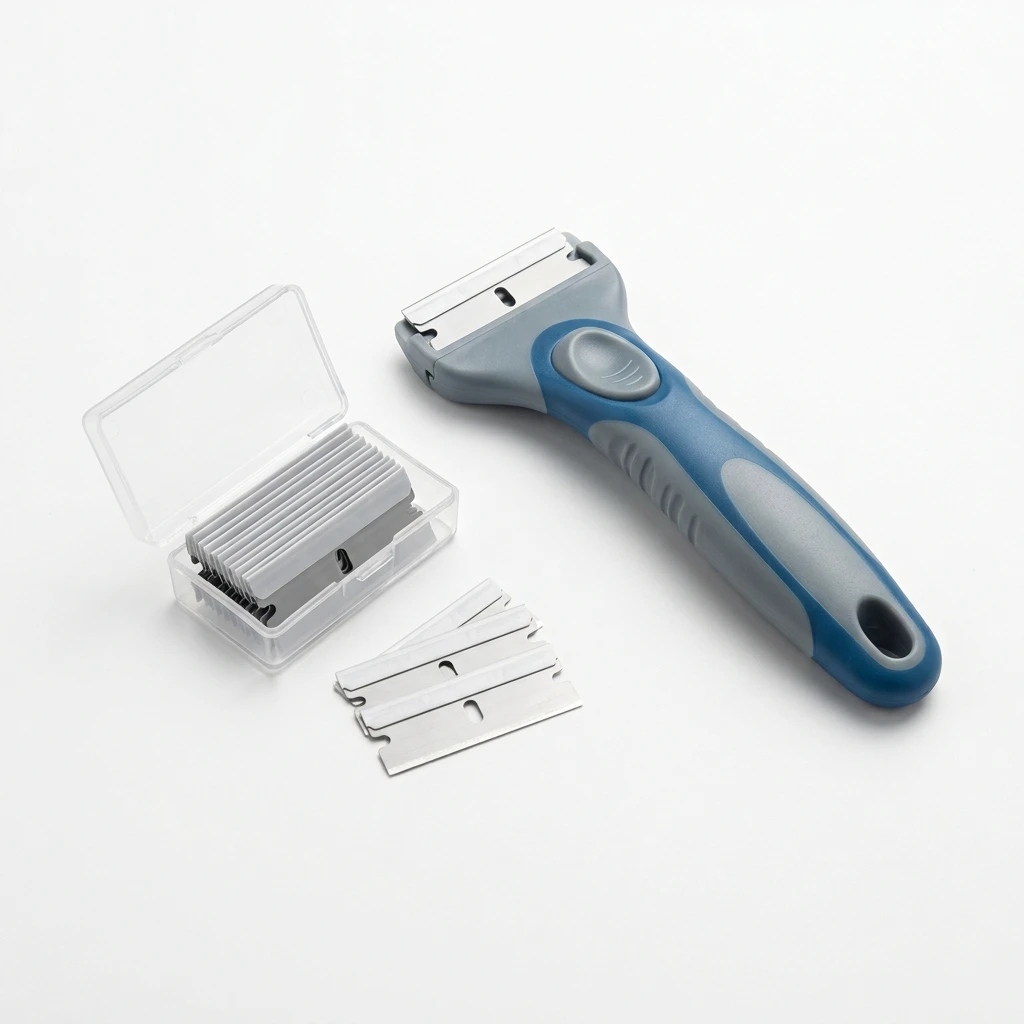 Plastic razor blade scraper with replacement blades on a clean white background.