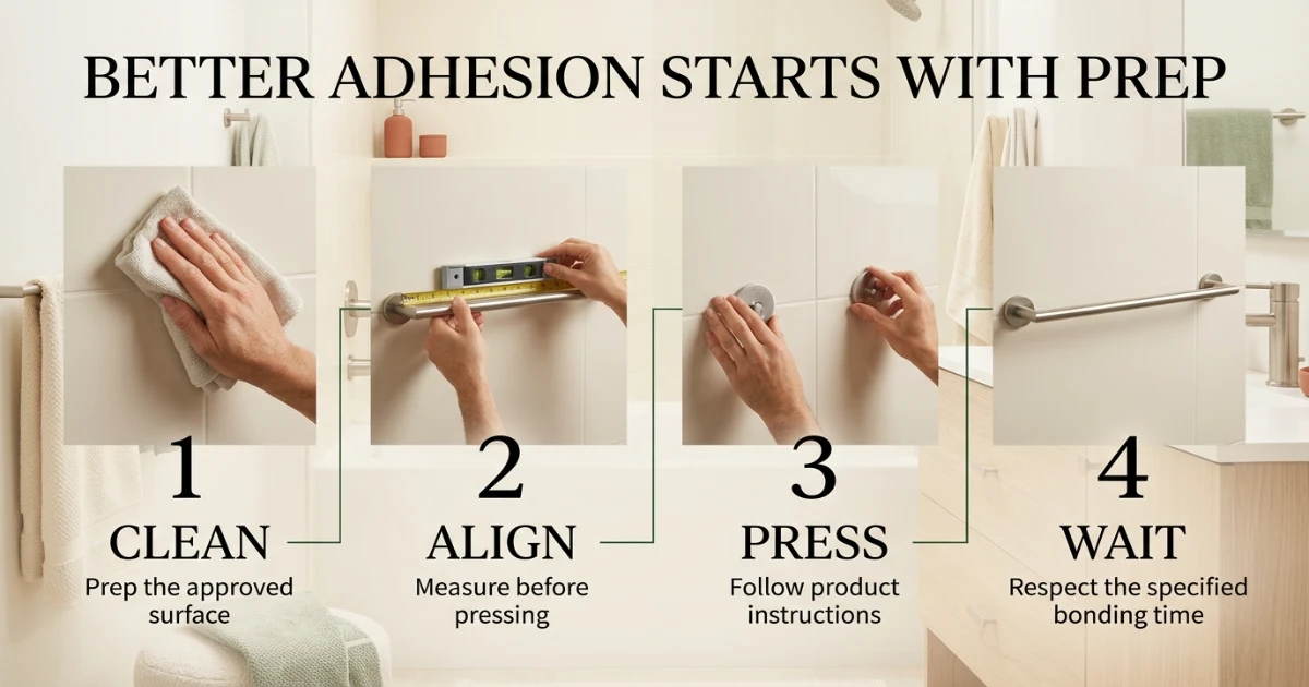 Hands preparing smooth bathroom tile before installing a removable no drill towel bar