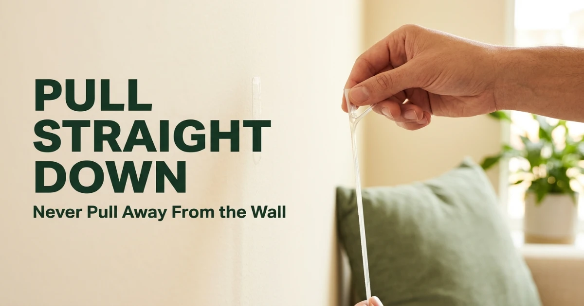 Renter slowly stretching a Command strip straight down against a painted drywall wall to release adhesive without pulling paint.