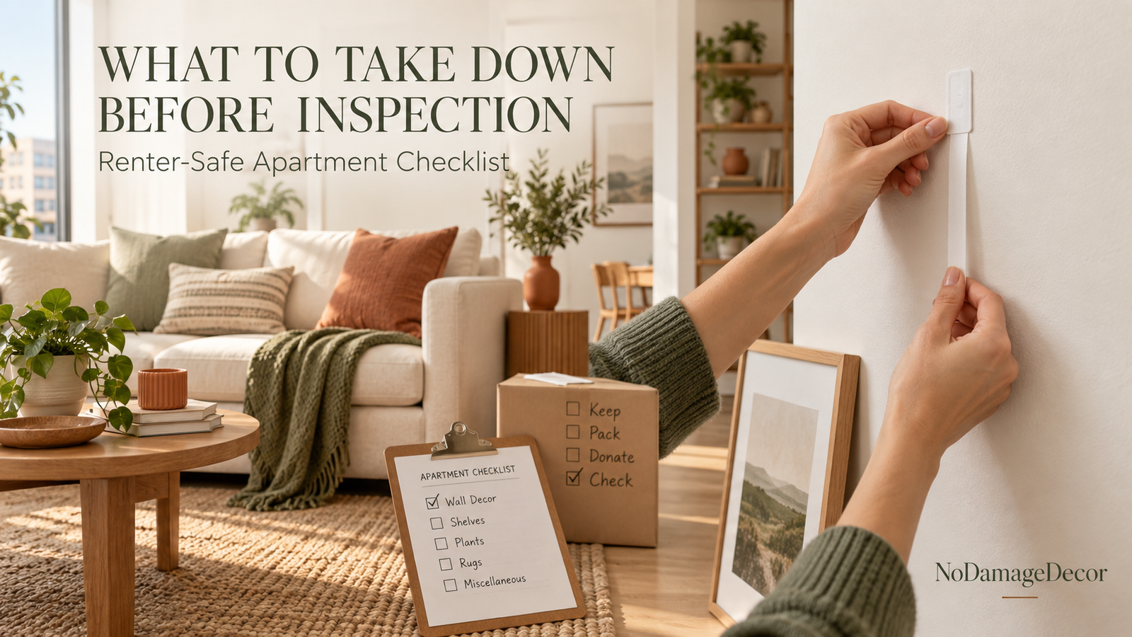 Renter removing adhesive picture hanging strips from a painted apartment wall before a move-out inspection