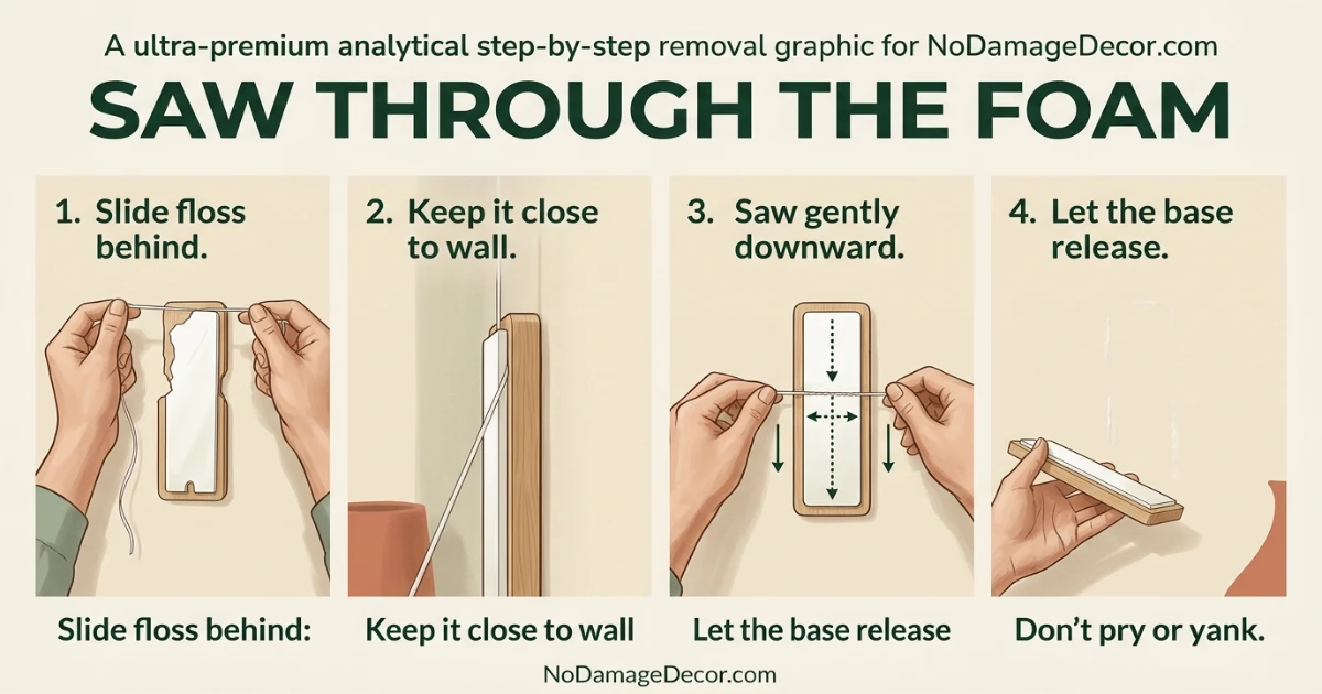 Hands using dental floss to saw behind a Command adhesive pad on a painted apartment wall