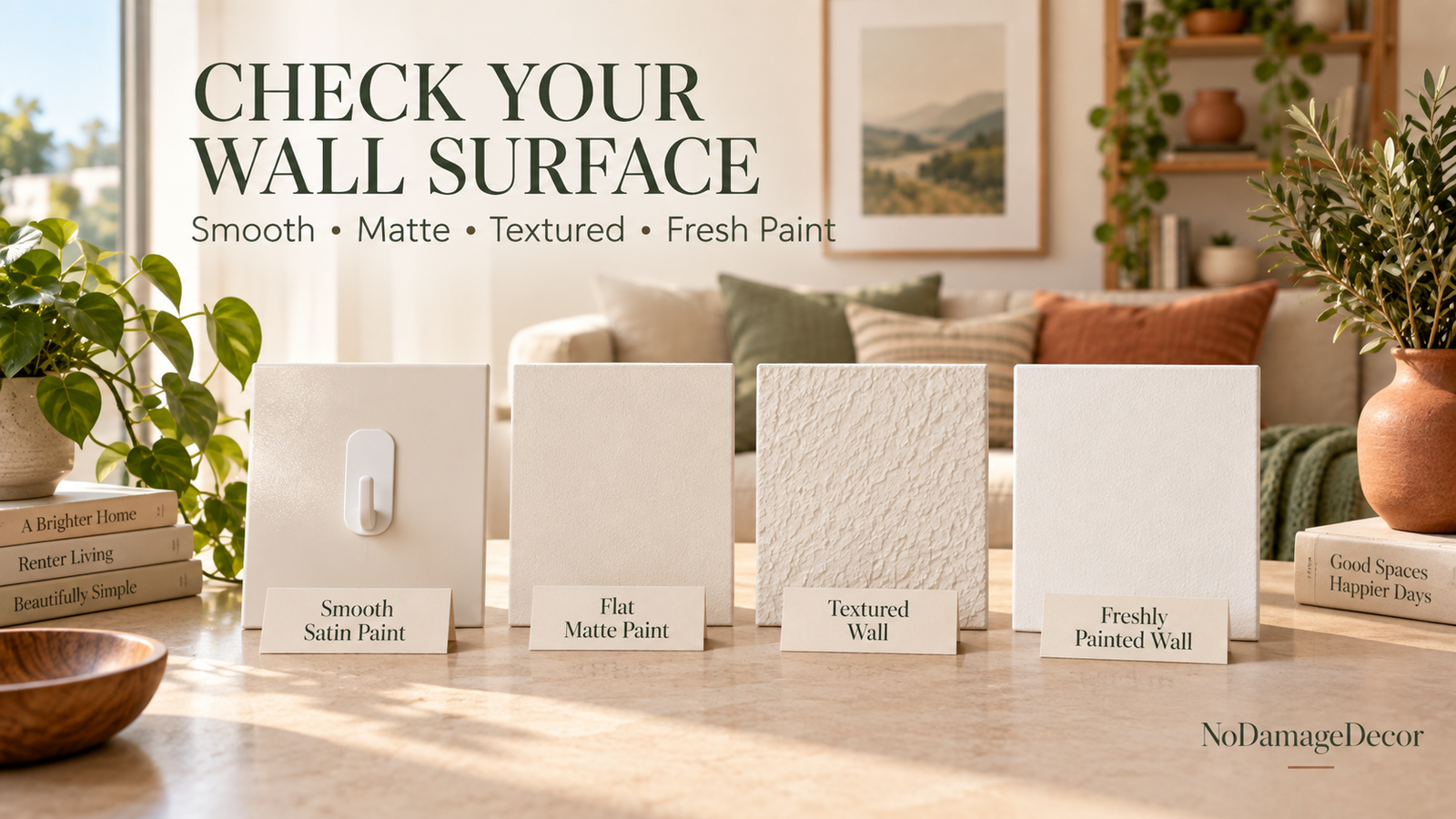 Four rental wall surface samples labeled for adhesive decor compatibility testing