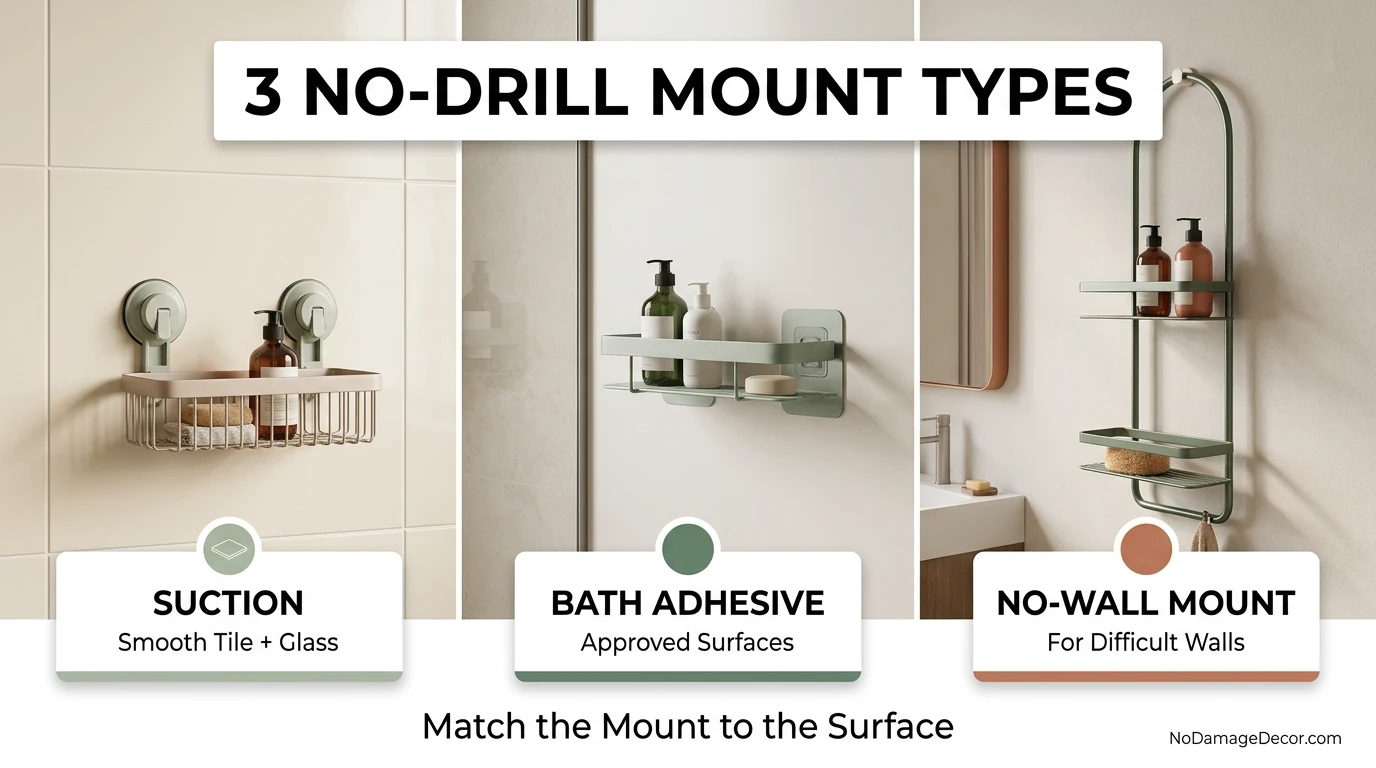 Suction and removable adhesive shower caddy mount types shown on renter bathroom surfaces